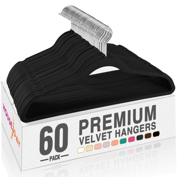 Black Velvet Hangers 60 Pack, Non Slip Clothes Felt Hanger Heavy Duty for Coat
